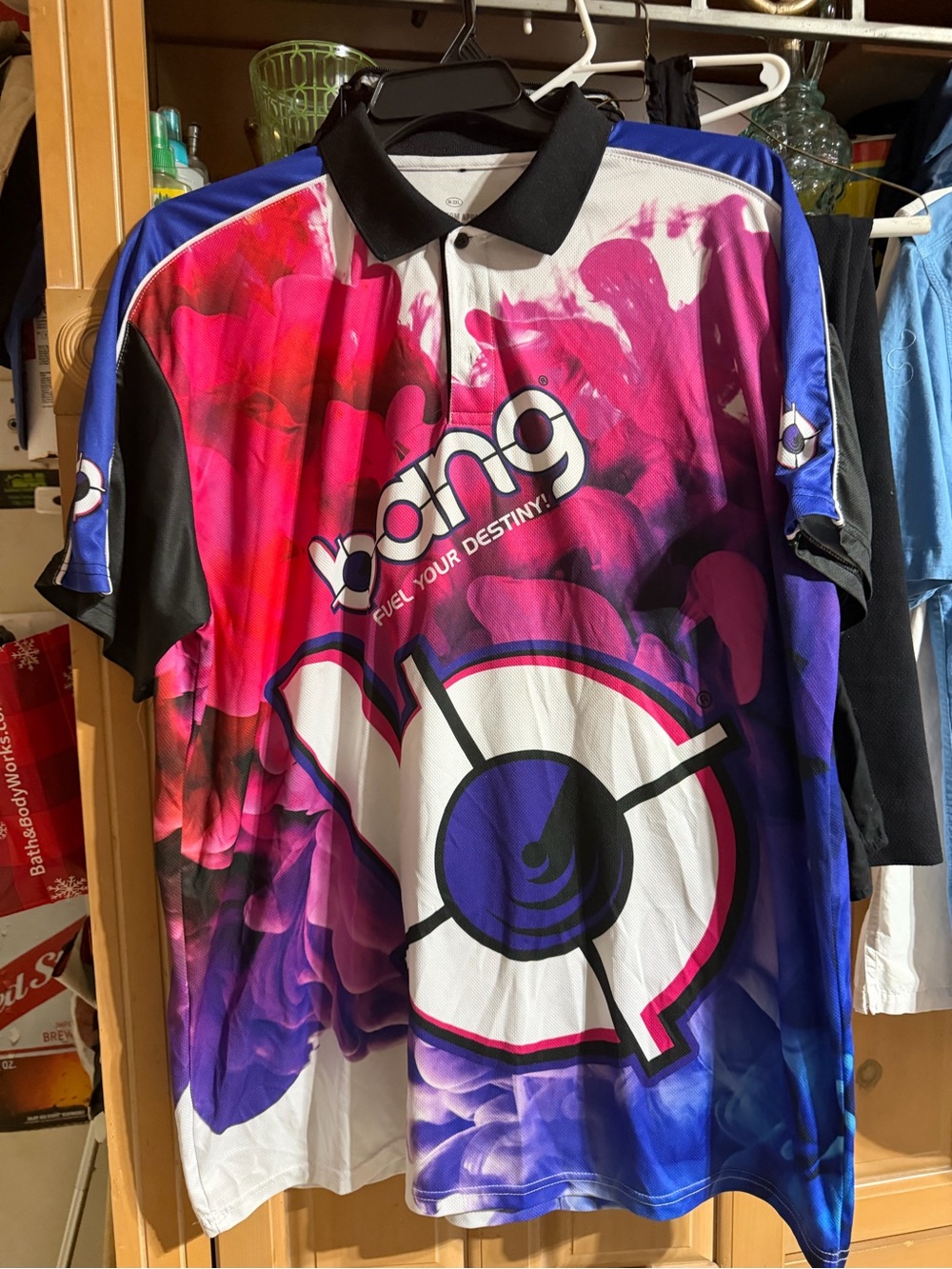 Bang Fuel Your Destiny! Men's Graphic Polo Shirt - Pink & Blue size XL